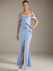 Light Blue Chiffon Sheath/Column Off The Shoulder Floor Length Bridesmaid Dresses