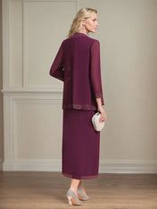 Sheath/Column Chiffon V Neck 3/4 Sleeves Tea Length Mother Of The Bride Dress