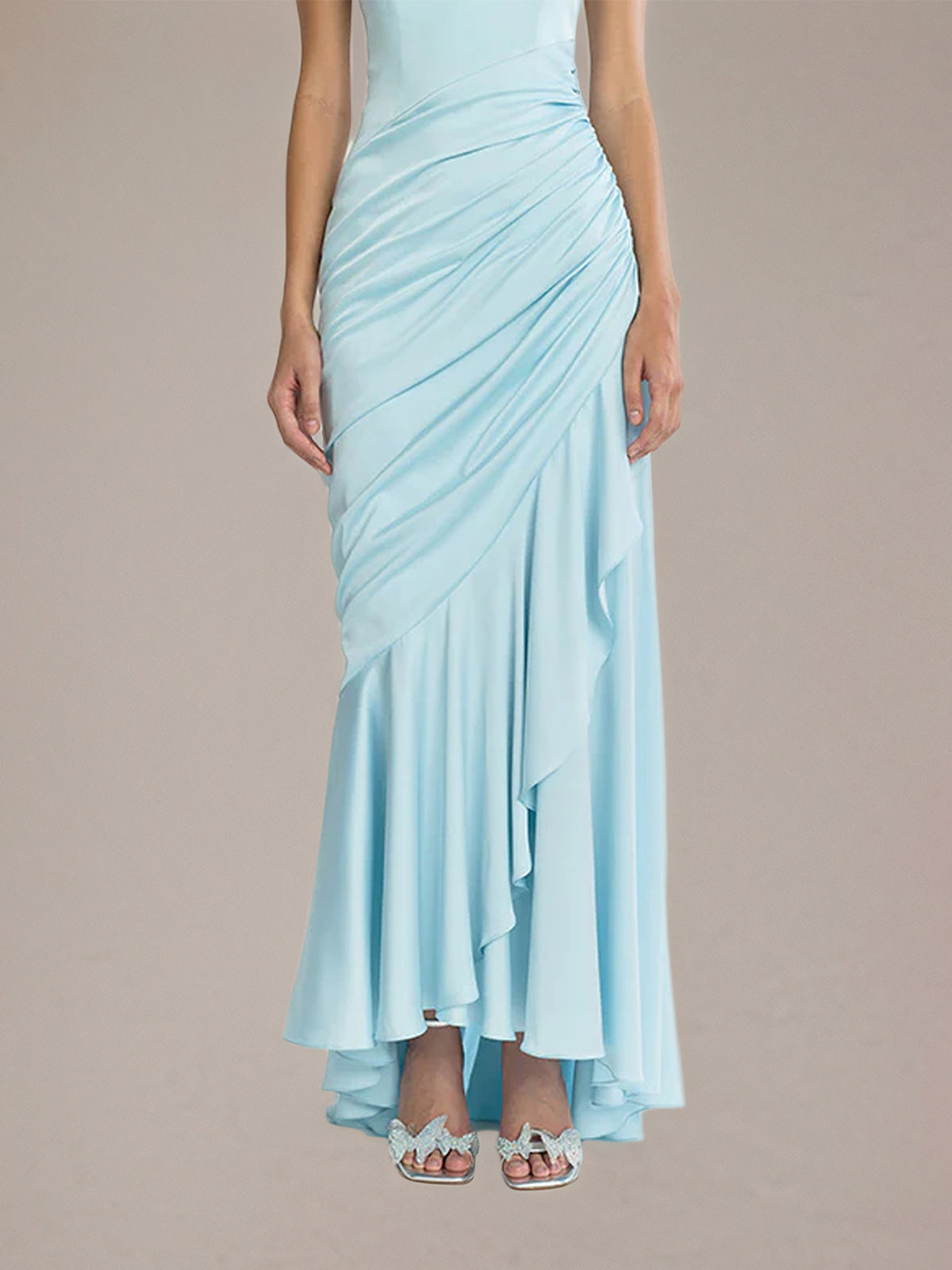 Sheath/Column Satin Off The Shoulder Sleeveless Floor Length Dresses With Ruffles