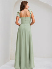 Celadon Chiffon A Line Off the Shoulder Sleeveless Floor Length Bridesmaid Dress