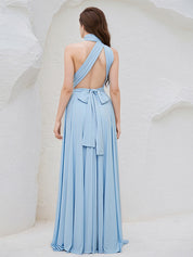 Sky Blue Chiffon A Line V Neck Sleeveless Floor Length Bridesmaid Dress