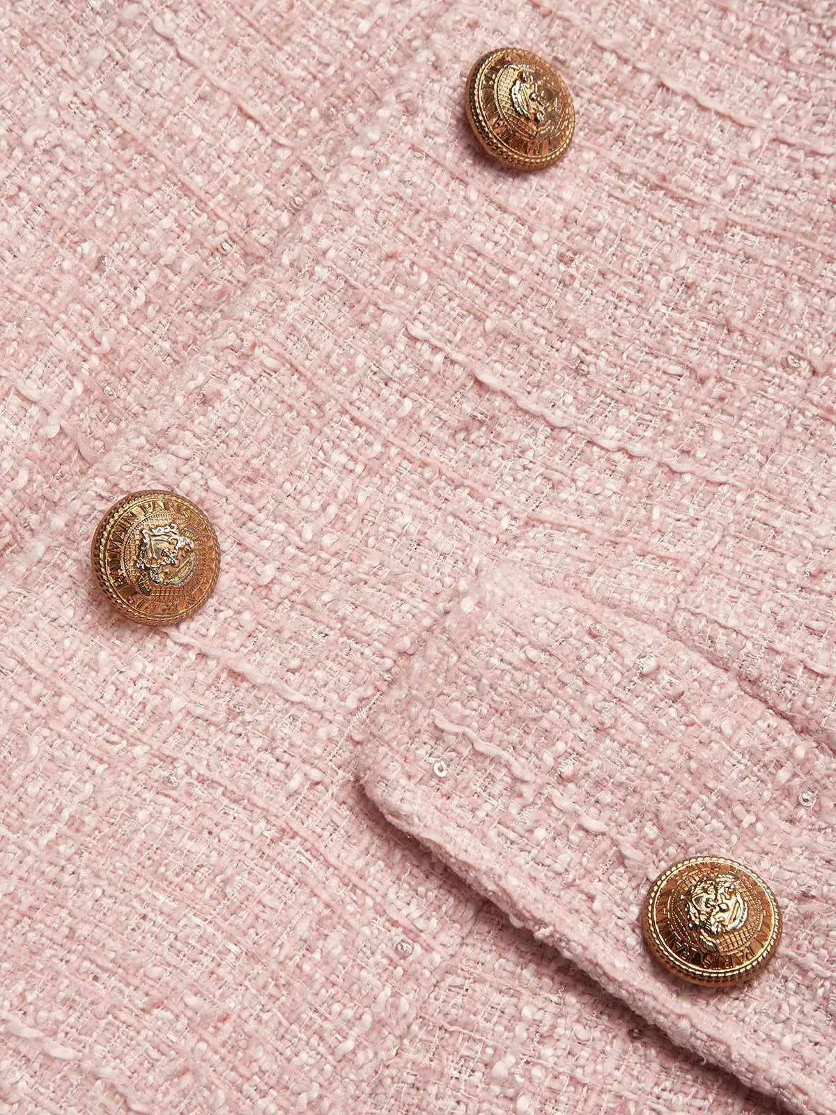 Pink Buckle Tweed Pointed Collar Long Sleeve A-Line Midi Dress