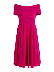 Fuchsia Stretch Crepe A Line Off The Shoulder Short Sleeves Tea Length Mother of the Bride Dresses