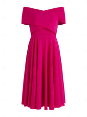 Fuchsia Stretch Crepe A Line Off The Shoulder Short Sleeves Tea Length Mother of the Bride Dresses