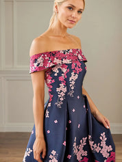 A Line Off The Shoulder Ankle Length Satin Floral Mother of the Bride Dress