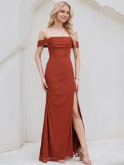 Vermilion Chiffon A Line Off the Shoulder Sleeveless Floor Length Bridesmaid Dress