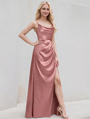 Mauve Satin A Line Spaghetti Straps Sleeveless Floor Length Bridesmaid Dress
