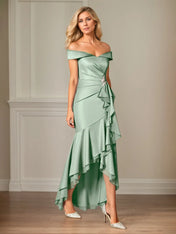Sheath/Column Satin Off The Shoulder Sleeveless Asymmetrical Dress