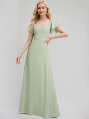 Celadon Chiffon A Line V Neck Short Sleeves Floor Length Bridesmaid Dress With Ruffle