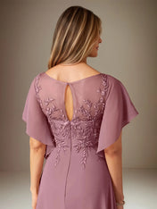 A Line Chiffon Boat Neck Short Sleeves Floor Length Pleated Mother of the Bride Dresses With Appliques