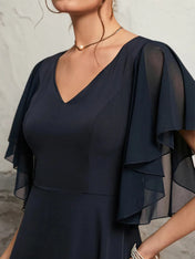 Purplish blue Chiffon V Neck Short Sleeve Bell Sleeve A-Line Midi Dress