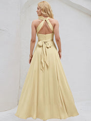 Champagne Satin A Line V Neck Short Sleeves Floor Length Bridesmaid Dress