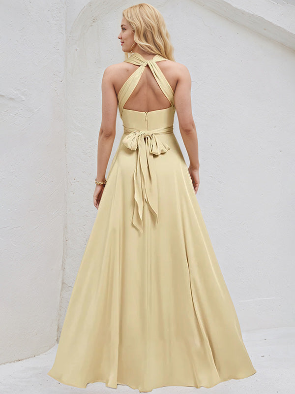 Champagne Satin A Line V Neck Short Sleeves Floor Length Bridesmaid Dress
