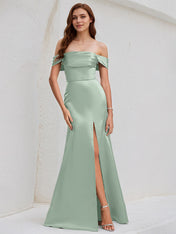 Agave Satin Trumpet/Mermaid Off the Shoulder Floor Length Bridesmaid Dress
