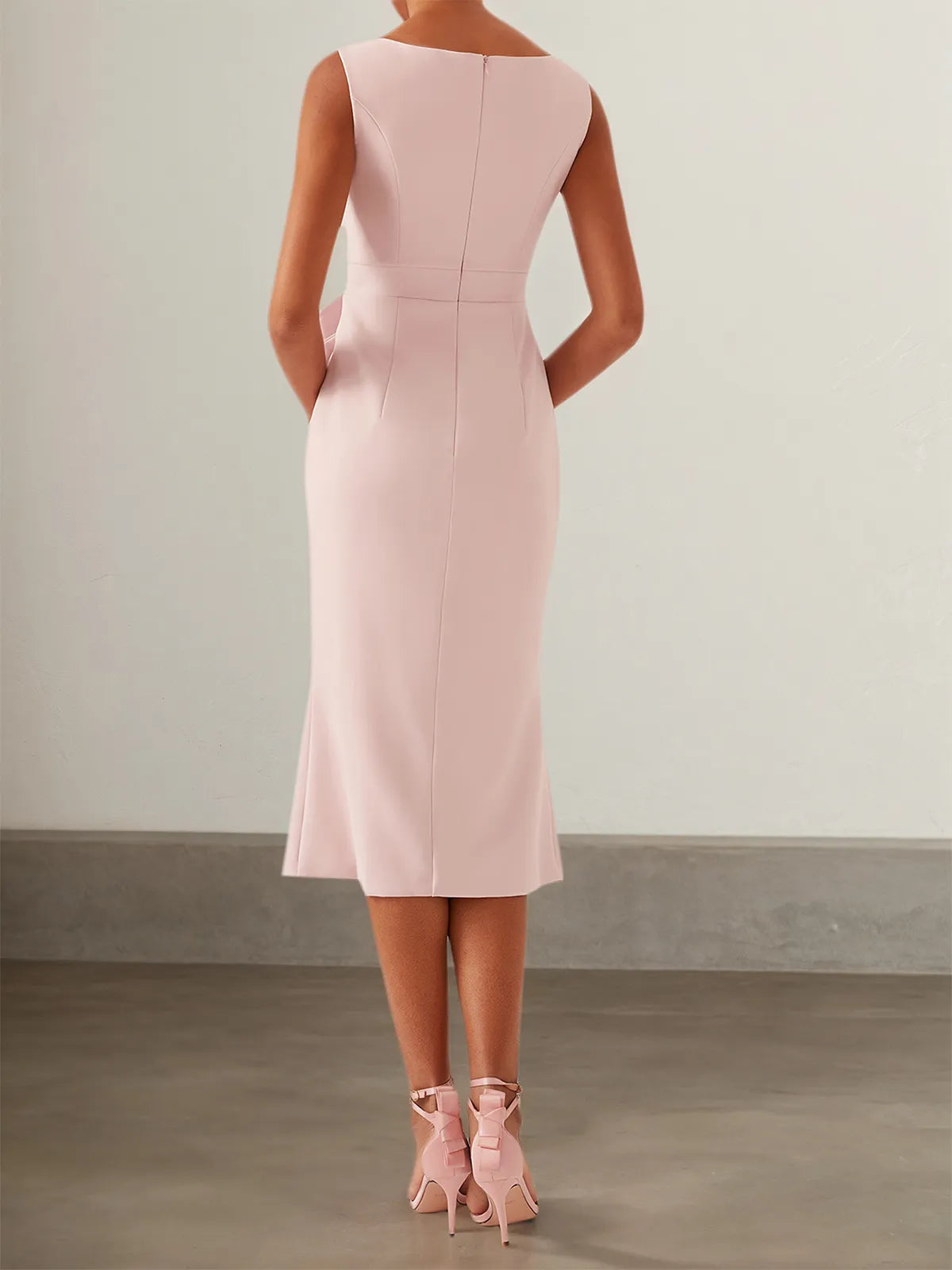 Pink Ruched Boat Neck Sleeveless Sheath Midi Dress