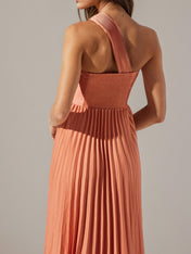 Coral Satin A Line One Shoulder Pleated Floor Length Dress