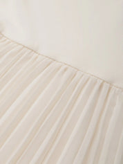 Beige Pleated Knit Crew Neck Sleeveless A-Line Midi Jersey Dress