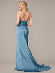 Steel Blue Sheath/Column Satin Spaghetti Straps Sleeveless Floor Length Dresses