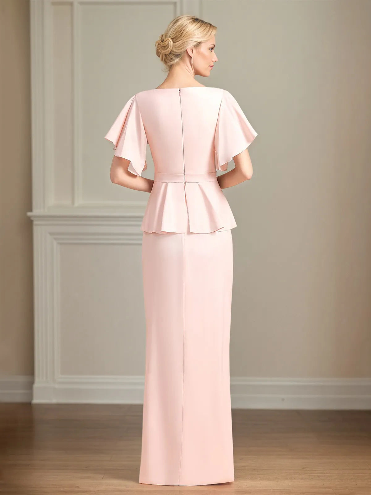 Chiffon V Neck Short Sleeves Floor Length Pleated Mother of the Bride Dresses With Ruffles