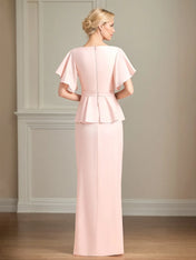 Chiffon V Neck Short Sleeves Floor Length Pleated Mother of the Bride Dresses With Ruffles