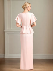 Chiffon V Neck Short Sleeves Floor Length Pleated Mother of the Bride Dresses With Ruffles