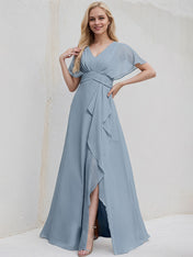 Dusty Blue Chiffon A Line V Neck Ruffle Sleeves Floor Length Bridesmaid Dress