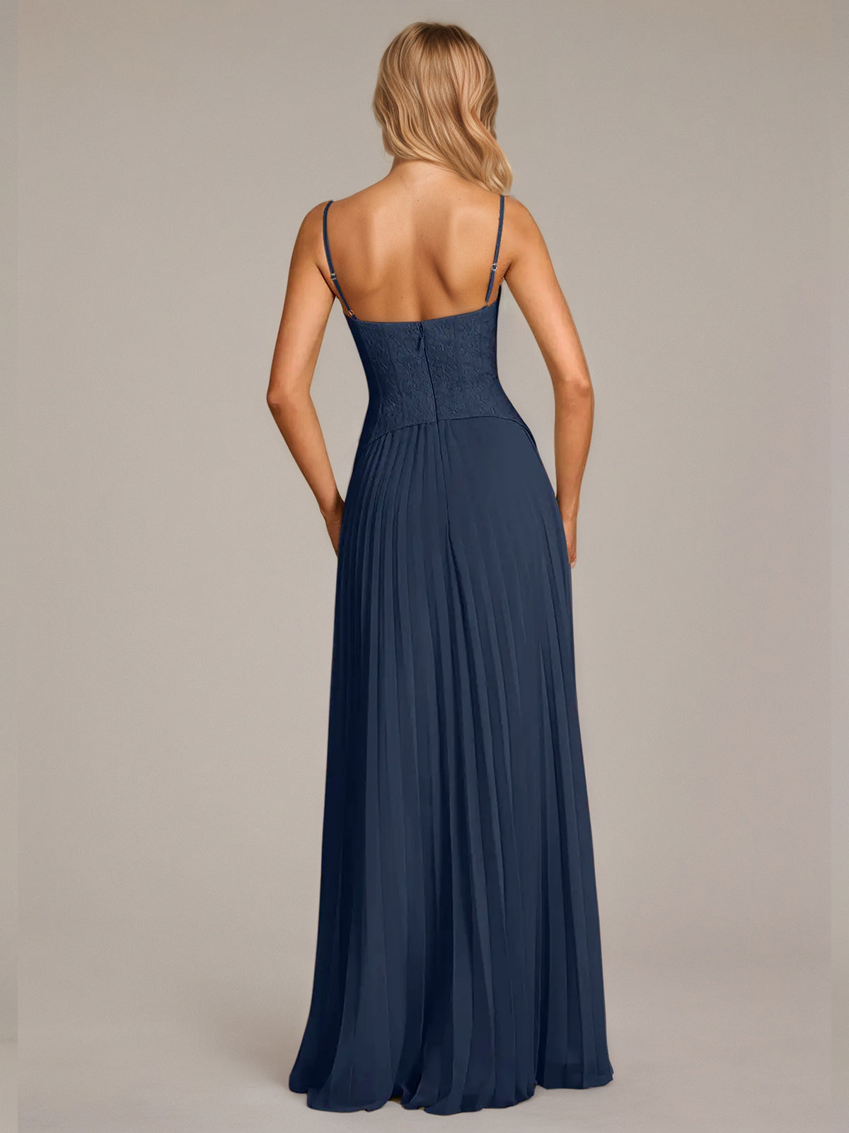 Navy A Line Chiffon Spaghetti Straps Sleeveless Floor Length Dresses