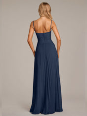 Navy A Line Chiffon Spaghetti Straps Sleeveless Floor Length Dresses