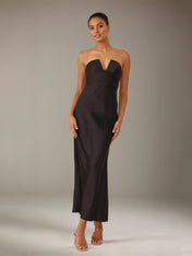 Black Satin Sheath/Column V Neck Ankle Length Bridesmaid Dresses
