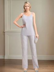 Chiffon V Neck Sleeveless Floor Length Mother of the Bride Pantsuits With Appliques