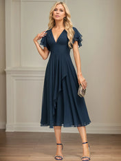 A Line V-Neck Tea Length Chiffon Dress With Cascading Ruffles