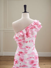 Floral Print One Shoulder Short Tight Ruffle Homecoming Dress