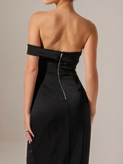 Black Satin Sheath/Column Off The Shoulder Sleeveless Tea Length Dress