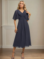 A Line V-Neck Tea-Length Chiffon Dress With Pleated