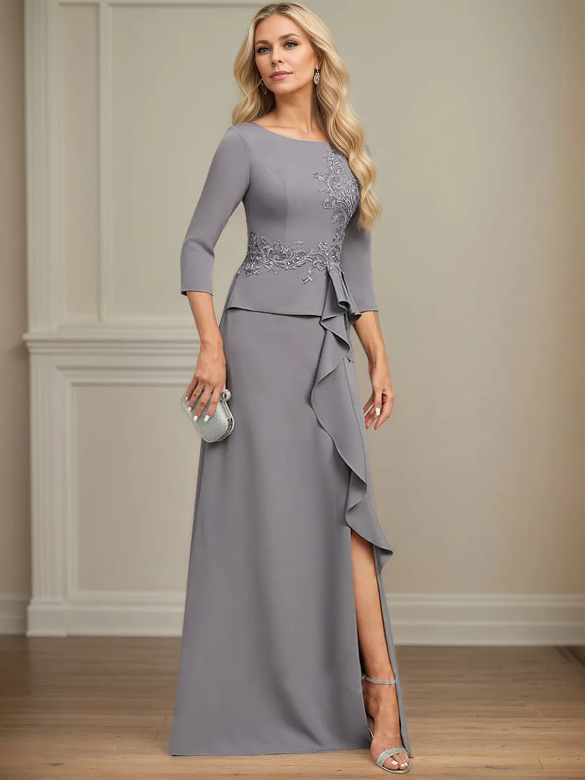 Sheath/Column Scoop Floor-Length Stretch Crepe Dress With Cascading Ruffles Appliques