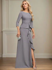 Sheath/Column Scoop Floor-Length Stretch Crepe Dress With Cascading Ruffles Appliques