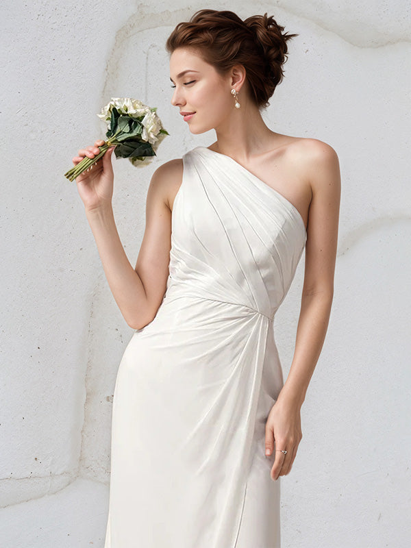 Ivory Chiffon Sheath/Column One Shoulder Sleeveless Floor Length Bridesmaid Dress