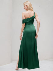Dark Green Satin A Line One Shoulder Floor Length Bridesmaid Dress