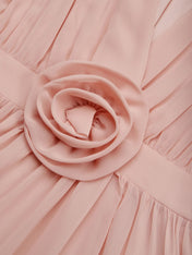 Pink A Line Chiffon V Neck Sleeveless Floor Length Dresses With 3D Flower