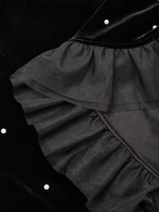 Black Beaded Ruffled Mock Neck Three Quarter Sleeve A-Line Maxi Velvet Dress