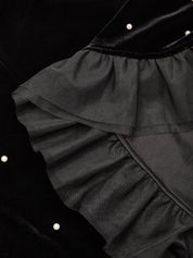 Black Beaded Ruffled Mock Neck Three Quarter Sleeve A-Line Maxi Velvet Dress