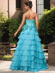 Blue A Line Strapless Long Pleated Prom Dress With Slit