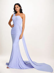 Lavender Sheath/Column One Shoulder Floor Length Sleeveless Chiffon Bridesmaid Dress