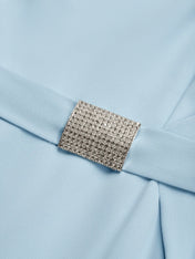 Light Blue Rhinestone Classic Square Neck Short Sleeve Sheath Midi Dress