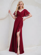 Burgundy Chiffon A Line V Neck Short Sleeves Floor Length Bridesmaid Dress With Ruffle