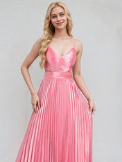 Peony Satin A Line Spaghetti Straps Sleeveless Floor Length Bridesmaid Dress