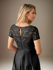 A Line Satin Scoop Neck Short Sleeves Floor Length Dress With Appliques