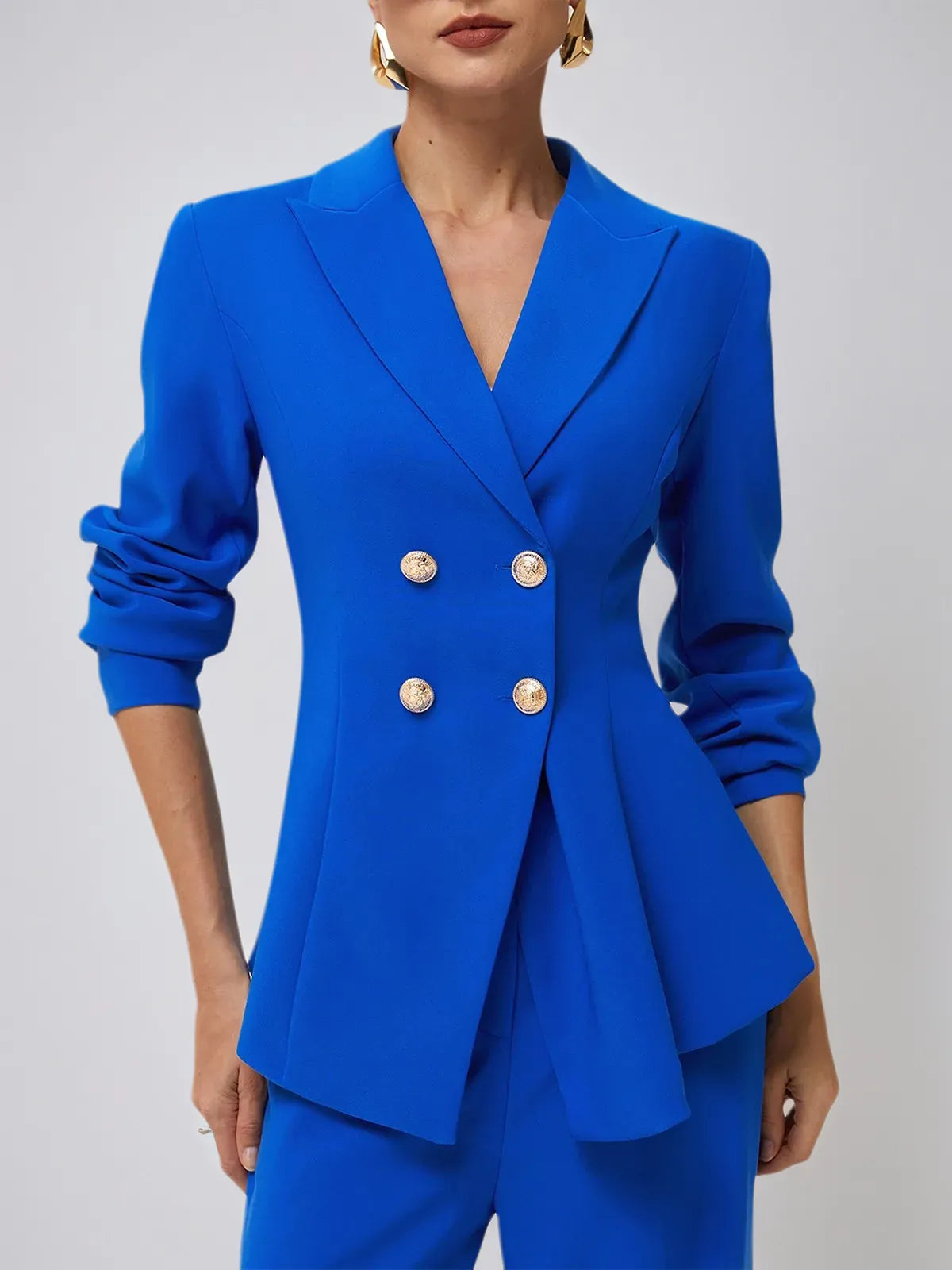 Women Blue Buckle Lapel Collar Long Sleeve Coat With Pants Two-Piece Set