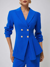 Women Blue Buckle Lapel Collar Long Sleeve Coat With Pants Two-Piece Set