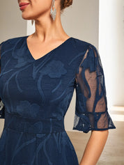 Purplish blue Lace V Neck Short Sleeve A-Line Midi Dress